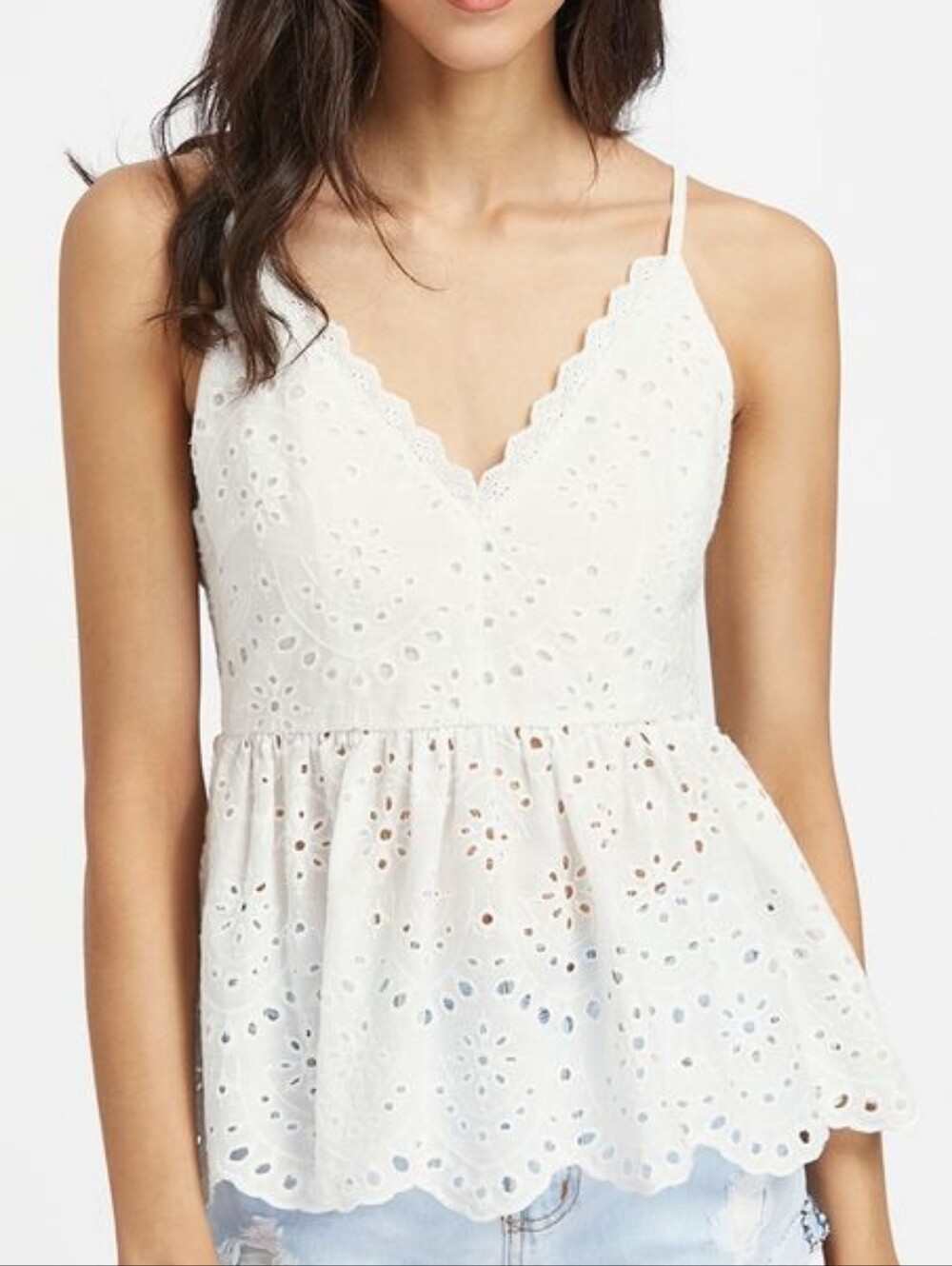SHEIN White Eyelet V-Neck Peplum Camisole